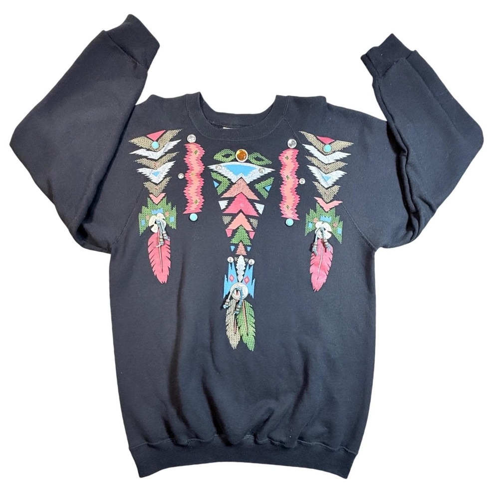 Vintage 1992 Marcy'n Me EZL Southwestern Embellished Sweatshirt Black‎ OSFA USA